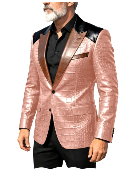 Men's Crocodile Embossed Leather Blazer Luxury Patchwork PU Leather Suit Jacket Slim Fit Peaked Lapel Casual Business Outerwear