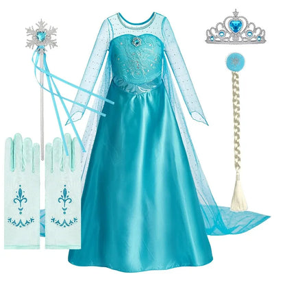 Halloween Elsa Dress for Girls Children Party Princess Costume Kids Disguise with Long Cloak Girl Snow Queen Carnival Clothes