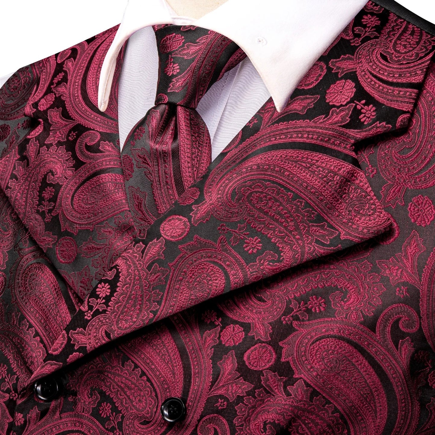 Dark Red Men's Vests Silk Paisley Jacquard Waistcoat Jacket NeckTie Hanky Cufflinks for Men Business Party Designer Gifts