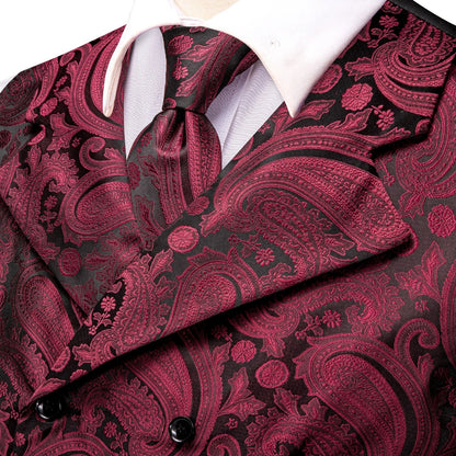 Dark Red Men's Vests Silk Paisley Jacquard Waistcoat Jacket NeckTie Hanky Cufflinks for Men Business Party Designer Gifts