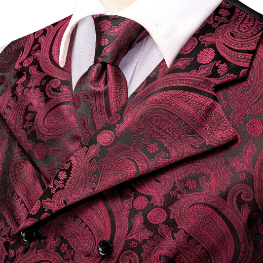 Dark Red Men's Vests Silk Paisley Jacquard Waistcoat Jacket NeckTie Hanky Cufflinks for Men Business Party Designer Gifts