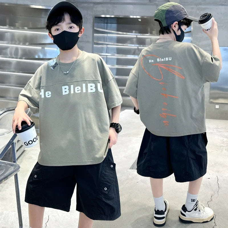 New Casual Boys Top and Bottom Clothes Set Summer Suit for Tween Children Clothing Kids Teenager Shorts Sleeve Tshirt Shorts Set
