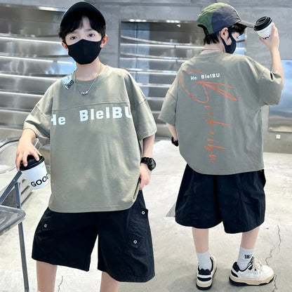 New Casual Boys Top and Bottom Clothes Set Summer Suit for Tween Children Clothing Kids Teenager Shorts Sleeve Tshirt Shorts Set