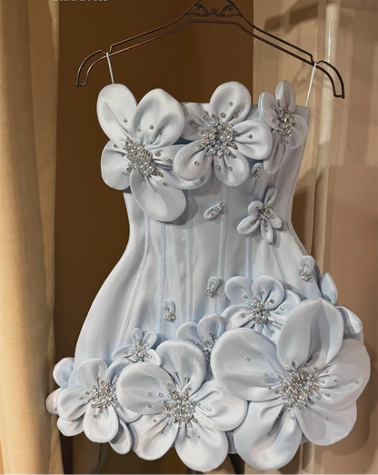 Short Skirt Evening Dresses Wedding Spaghetti Straps Elegant Party Dresses for Women Luxury 3D Flowers Elegant Woman Dress