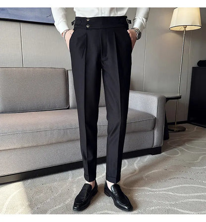 British Style Naples Solid Color High Waist Suit Pants High Quality Men Formal Business Social Party Wedding Casual Trousers