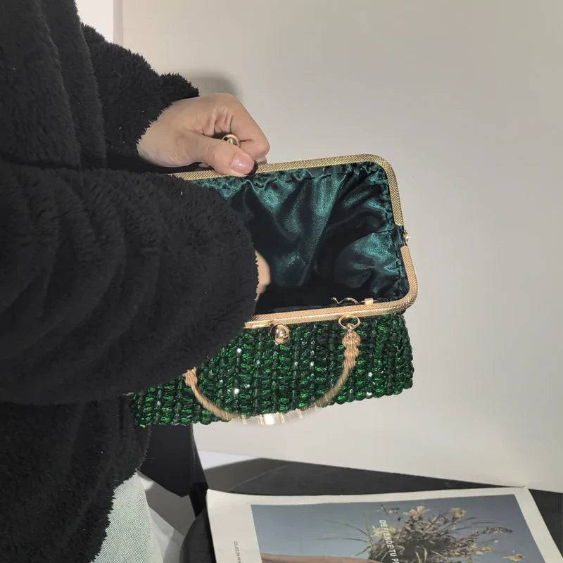 Emerald Green Handmade Beaded Clutch Bag | Vintage Gold Frame Evening Purse with Chain Strap for Party/Wedding/Cocktail