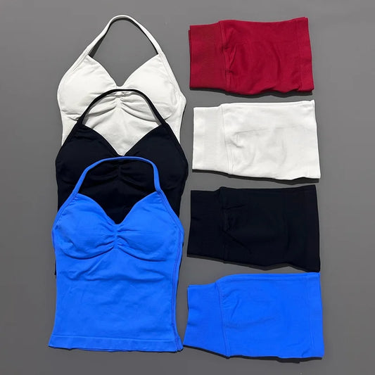 No Logo 2 Pies Sports Set Women Backless Tank Yoga Tops High Waist Scrunch Seamless Shorts Sport Gym Set Sportswear Workout Set