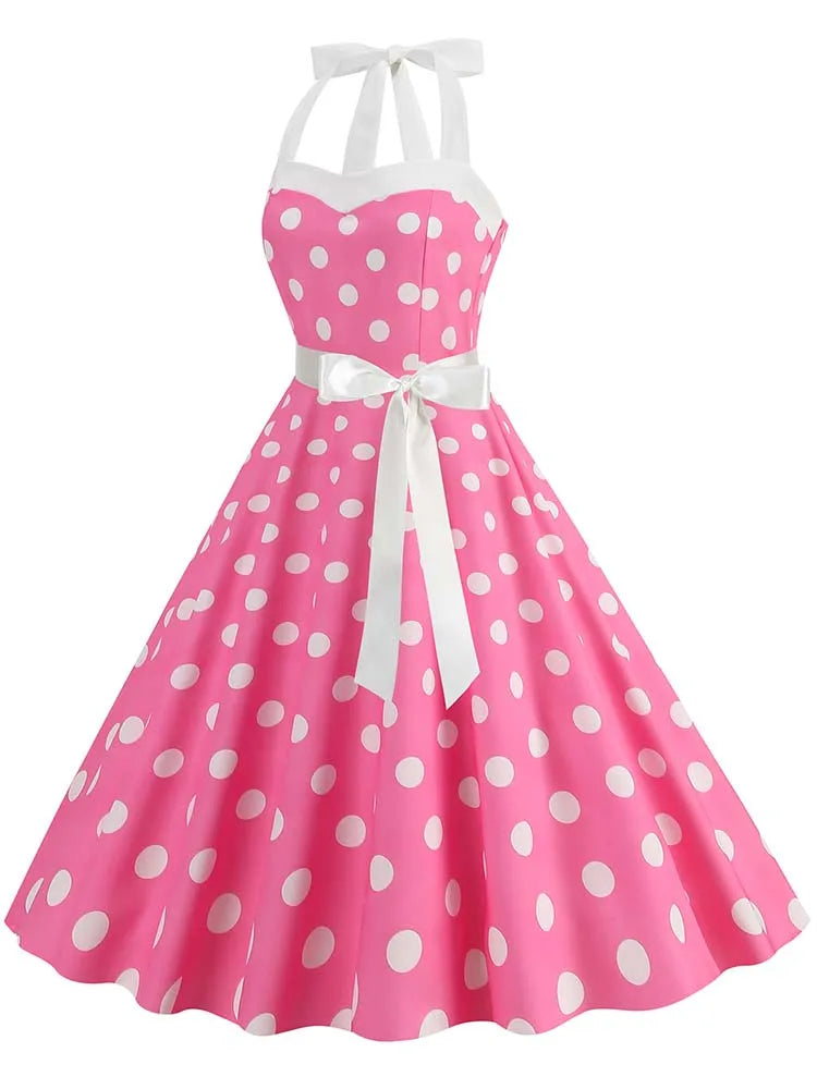 Women Summer Party Dress With Belt Polka Dot Print Halter Hepburn Robe 50s 60s Vintage Dresses
