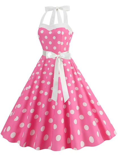 Women Summer Party Dress With Belt Polka Dot Print Halter Hepburn Robe 50s 60s Vintage Dresses