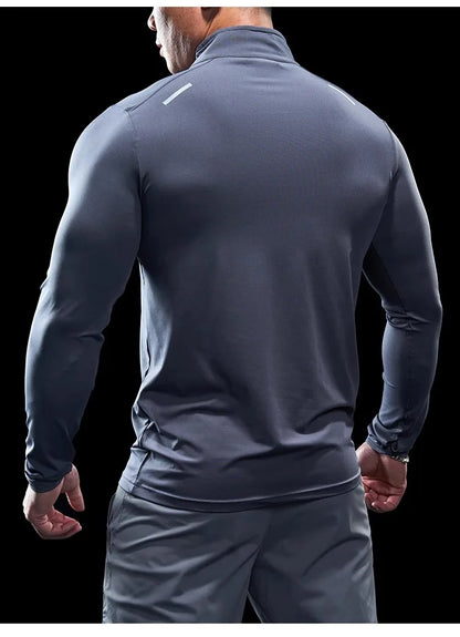 Men Stand Collar Zipper T-shirt Gym Running Training Fitness Bodybuilding Sport Top Quality Elastic Long Sleeve Tight Tops Tees