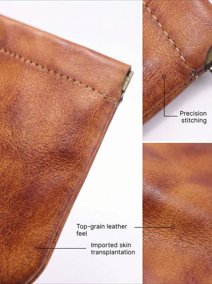 Full Grain Leather Vintage Organizer Bag Vegetable Tanned Cosmetic Pouch Magnetic Closure Coin Purse Custom Engraving