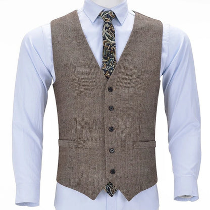 Men Vest Brown Herringbone Single Button V Neck Solid Waistcoat For Business Banquet Work Casual Daily Men Suit Vest