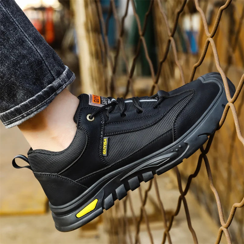Black Leather Work Safety Shoes Waterproof Indestructible Steel Toe Cap Labor Shoes For Men Breathable Anti Smashing Sneakers