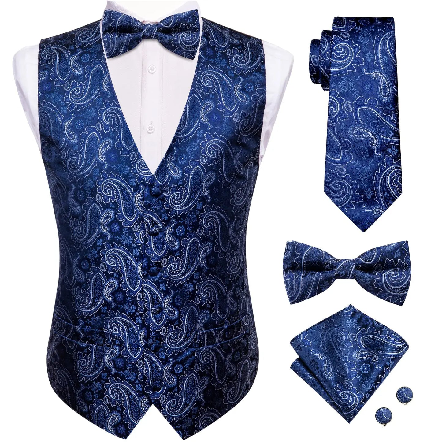 Luxury Silk Mens Vests Rose Gold Pink Striped Waistcoat Necktie Bowtie Hanky Cufflinks Set Waist Jacket For Men Wedding