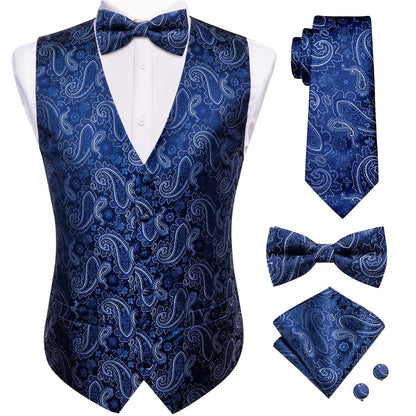 Luxury Silk Mens Vests Rose Gold Pink Striped Waistcoat Necktie Bowtie Hanky Cufflinks Set Waist Jacket For Men Wedding