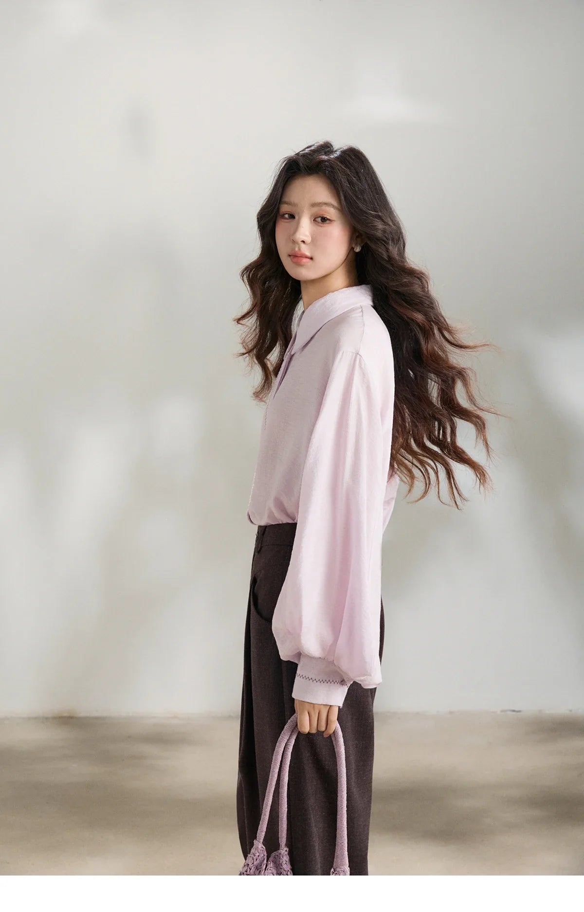 Women's Lapel Lantern Sleeve Shirts 2026 Spring Lace Trim Casual Loose Breathable Solid Shirt Office Lady MXF13C2436