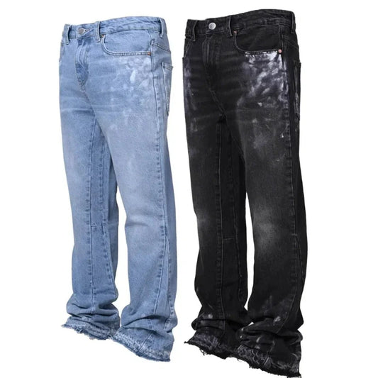 Men's Fashion Jeans Work Pants, European and American Fashion Workwear Elastic Patchwork Denim Layered Flared Pants S-XXL