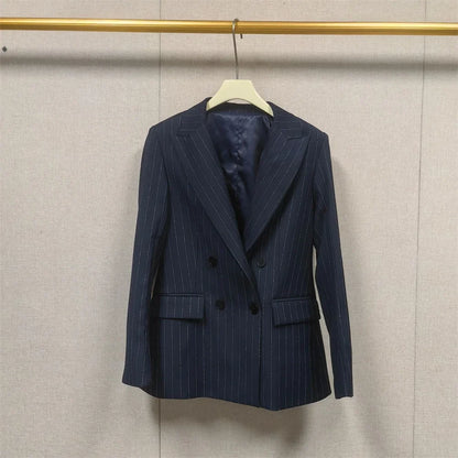 Women's Shiny Stripes Double Breasted Blazer Coat or Backless Vest Top or Zipper Long Pants Office Wear Long Sleeve Jacket Top