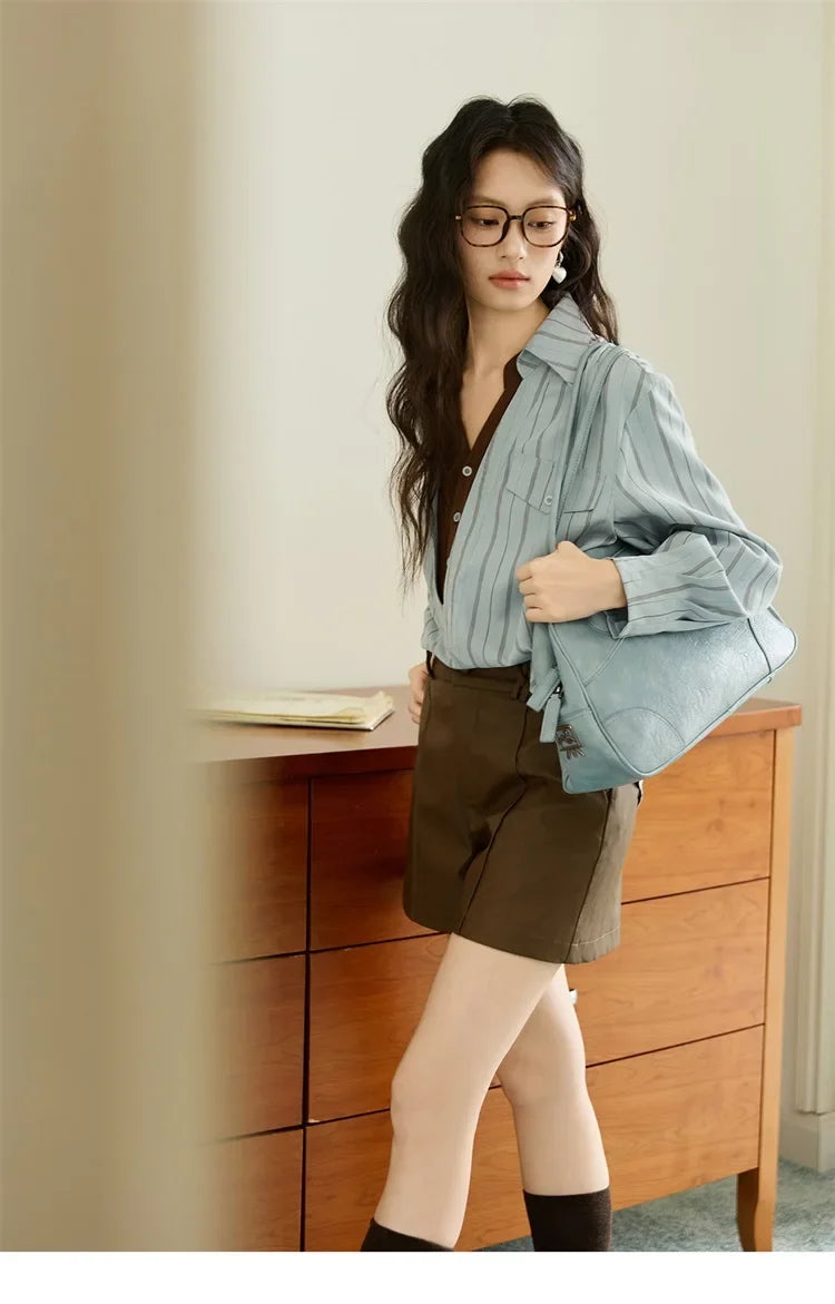 Peach Skin Velvet Stripe Shirt for Women Autumn 2025 Double Layered Collar Contrasting Color Shirt Commute Top MXE47C2408