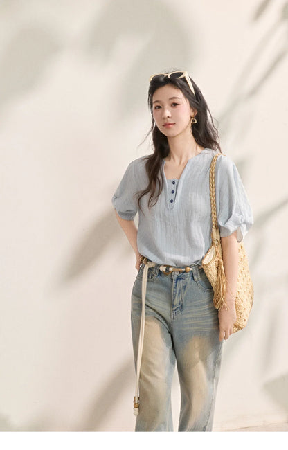 Women French Vertical Stripe Blouse Summer Seven Quarter Sleeve Loose Blouse Minimalist Solid Top Office Lady MXF16X2562