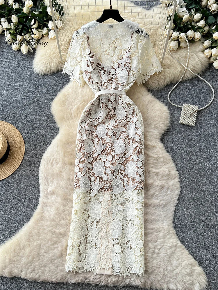 Classy Vintage Flower Lace Dress Office Lady Hollow Out Sashes Short Sleeve Bodycon French Senior Straight Long Dress