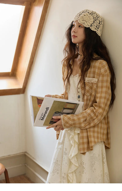 Women's Retro Plaid Long Sleeved Shirt 2025 Autumn Korean Loose Casual Plaid Top with Lace Pocket Lapel Shirts MXE43C2378