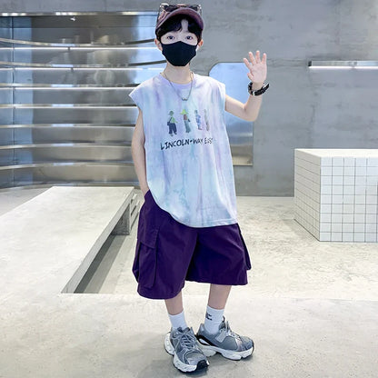 New Summer Kids Clothing Set Sleeveless T-shirt Suit with Shorts for Boy Luxurious Cotton Tracksuit 5 6 7 8 9 10 11 12 13 14 T