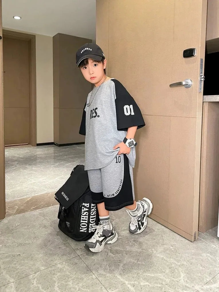 Summer Boys Cotton Leisure Contrast Alphabet T-Shirt+Shorts Pant Set School Kid 2PCS Tracksuit Children Sportswear Outfit 5-16Yr