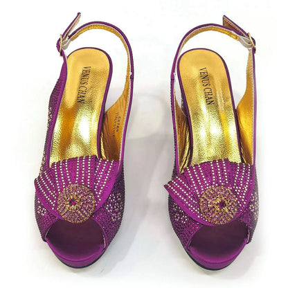 2024 Italian Design Girly Style Golden Color Wedding Shoes And Bag Full Diamond Decoration Metal Closure Bags