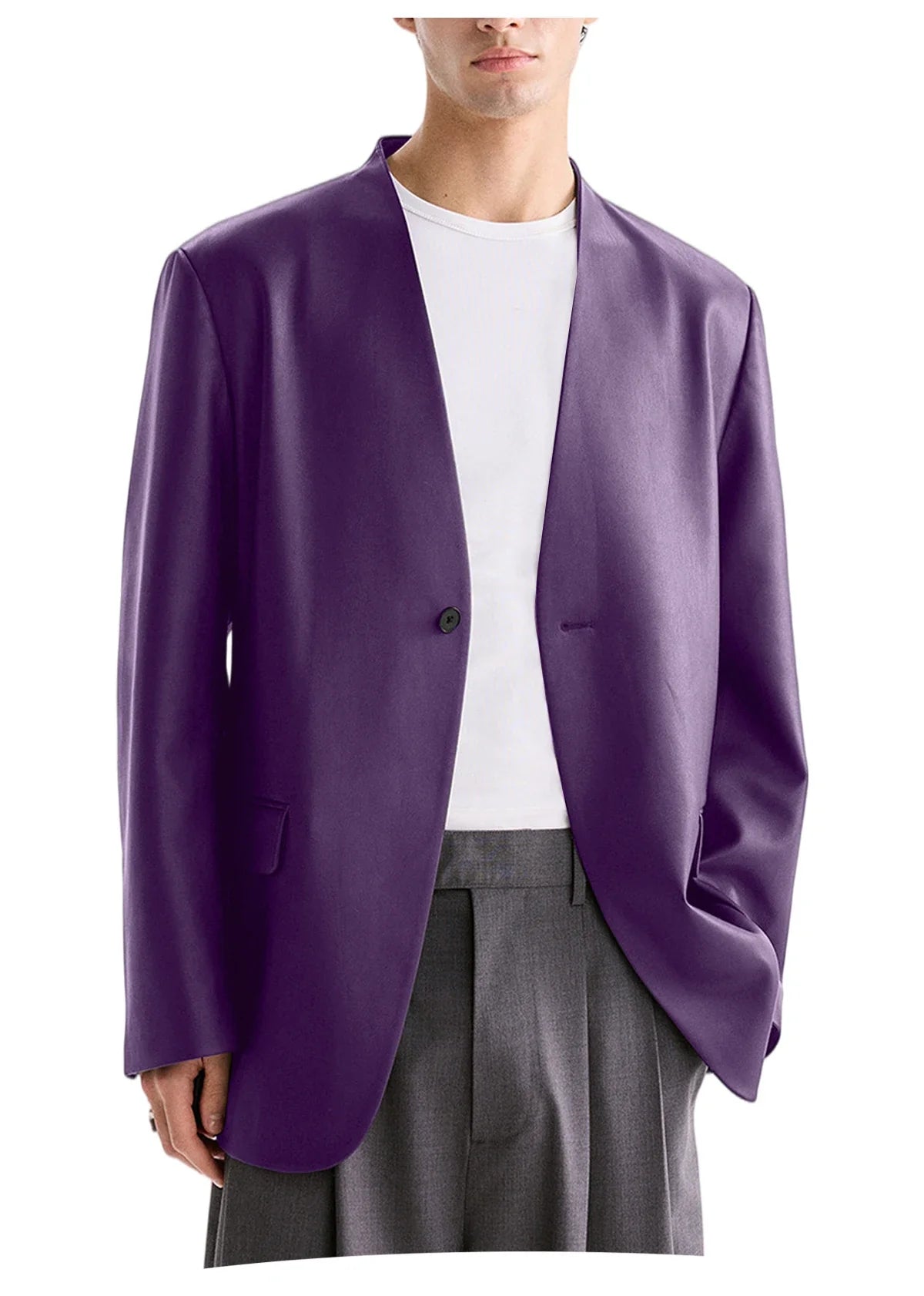 Luxury Men's PU Leather Blazer Collarless Jacket Loose 1 Button Elegant Solid Color Coat for Party Wedding Office Daily Wear