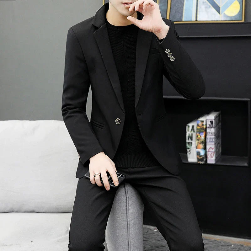 2026 High Quality Casual Suit for Men (Suit + Trousers) Young Solid Color Handsome Korean Version Fashion Slim Two-Piece Set