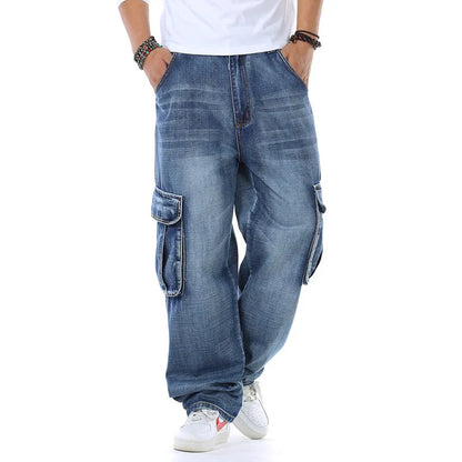 Mens Baggy Jeans Spring and Autumn New Fat Guy Large Size Fashion Multi-pocket Wide Loose Jeans Mens Denim Trousers