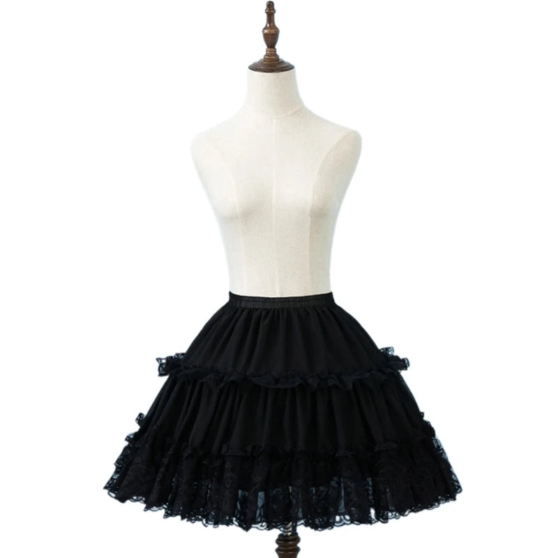 Womens Elastic Waist 2 Hoop Petticoat Ruffle Lace Short Half Slip Underskirt