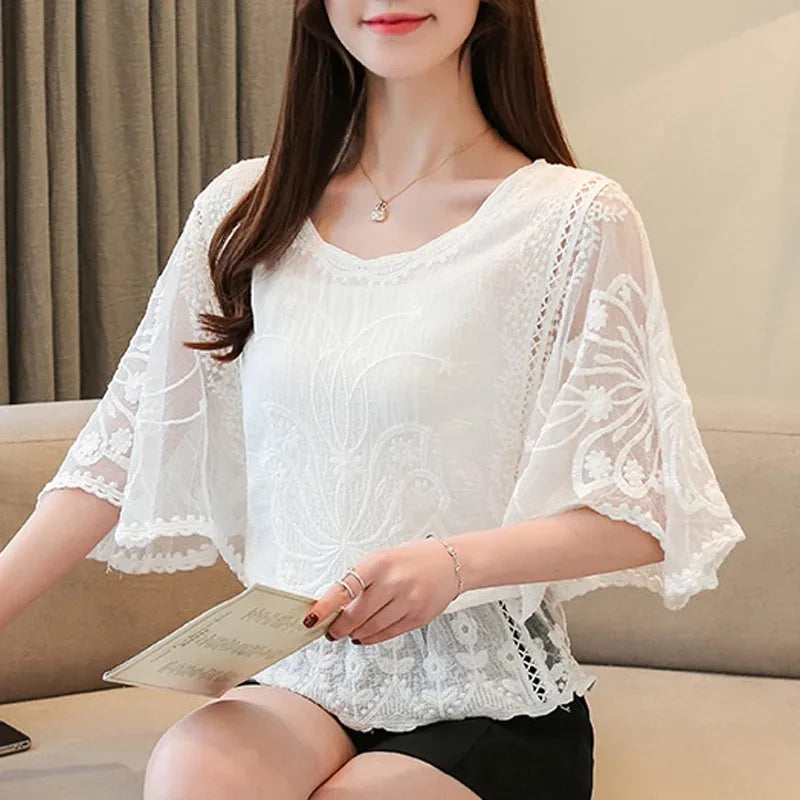 Summer Loose Lace Blouse Women 2025 Butterfly Sleeve Chiffon Shirt Woman Fashion Casual Floral White Shirt Tops Blusas 4073