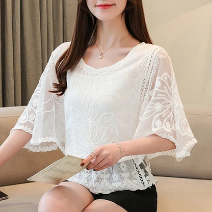 Summer Loose Lace Blouse Women 2025 Butterfly Sleeve Chiffon Shirt Woman Fashion Casual Floral White Shirt Tops Blusas 4073