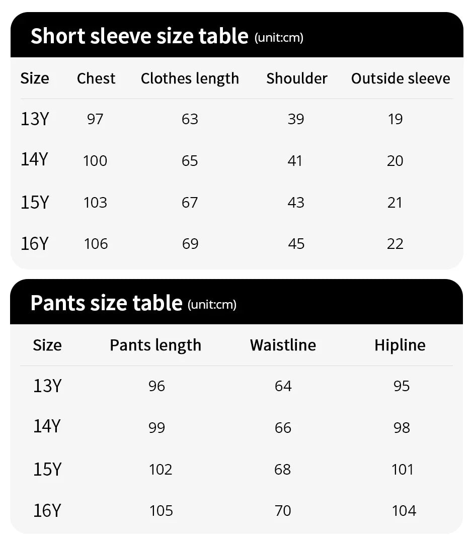 2-pcs Summer Youth Fashion Letter Set 13-16 Year Old Boys and Girls Simple and Versatile Letter Short Sleeve T-shirt Black Pants