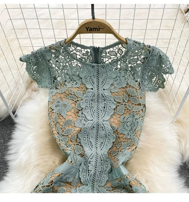 Retro Court Sle round Ne Fly Sve Slimming Soluble Hook Flower Hollow A-Line Dr Summer New Arrival Women's Faion