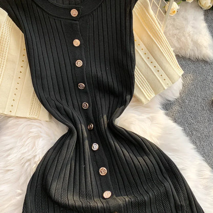 Women Dress 2026 Spring and Summer Elegant Patchwork One-Piece Knitted Maxi Dress Office Lady Slim Waist Sweater Dress