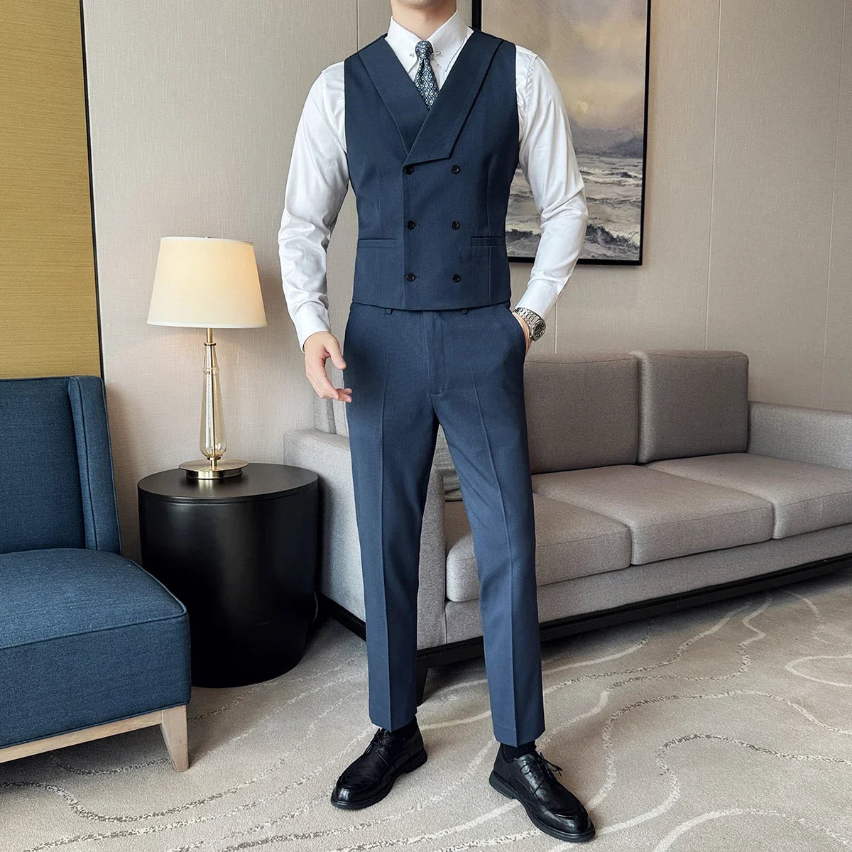 ( Vest + Pants) Double Breasted Stripe Suit Vest With Pants New Men Fashion Slim Business Casual Wedding Dress Vest 2 Pcs Sets