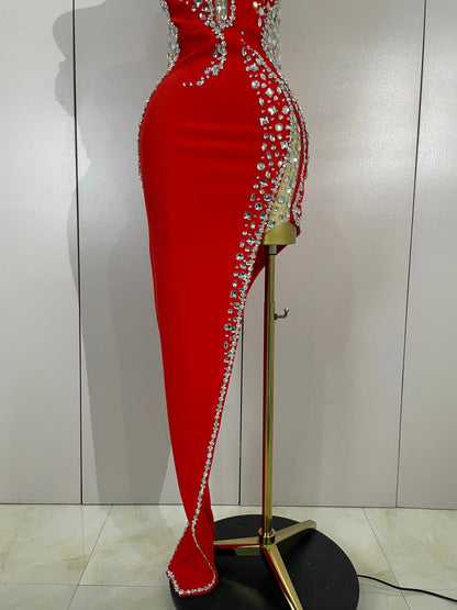 Newest High Quality Sexy Strapless Shinning Rhinestones Bodycon Bandage Long Dress Women Fashion Celebrate Evening Party Vestido