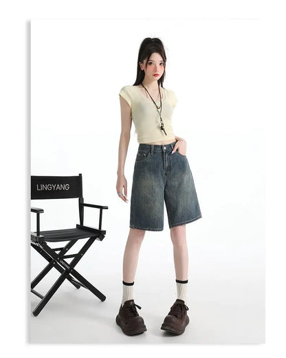 Women's High Waist Wide Leg  Y2K American Retro Washed Five-Point Denim Shorts Summer Loose Slim Straight Cut Mid-Length Pants