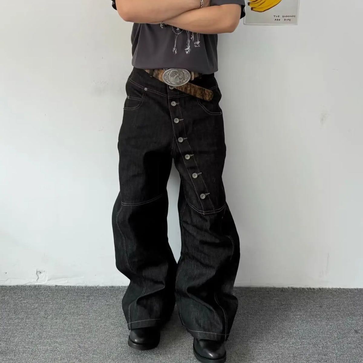 American Retro Long Row Button Design Men's Jeans High Street Loose Wide Leg Floor-Length Trousers Trendy Casual Jeans