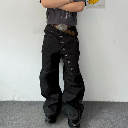 American Retro Long Row Button Design Men's Jeans High Street Loose Wide Leg Floor-Length Trousers Trendy Casual Jeans