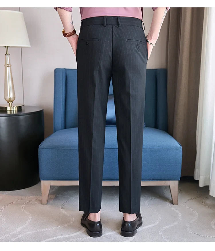 Men's Elastic Waist Striped Suit Pants 2025 New Social Casual Trousers Slim Fit Suit Pants Business Office Wedding Men Clothing