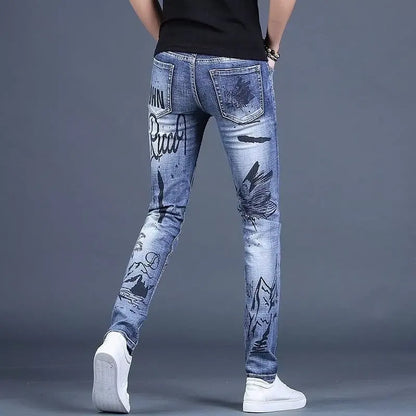 High-End Men's Slim Fit Jeans with Zipper Splicing Elastic Casual Long Trousers Trendy Retro Style Cotton Stretch Denim