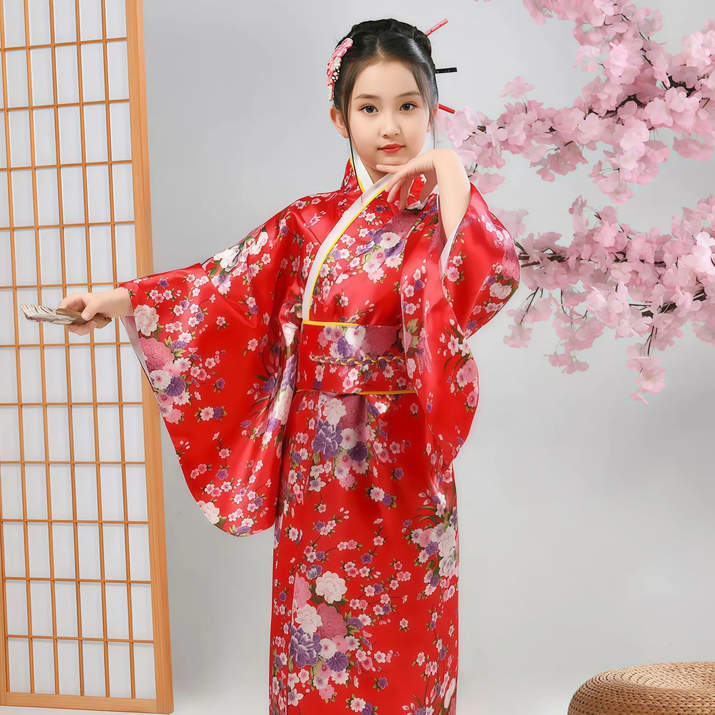 Kids Japanese Kimono Bathrobe Gown Japan Style Flower Yukata Dress Vintage Haori For Girl Halloween Cosplay Traditional Costume