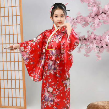 Kids Japanese Kimono Bathrobe Gown Japan Style Flower Yukata Dress Vintage Haori For Girl Halloween Cosplay Traditional Costume