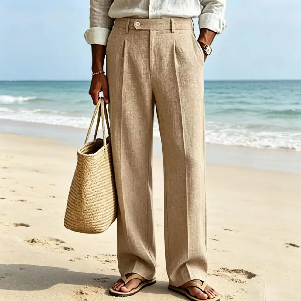 Beige Men's Linen Pants Breathable Cool Straight Leg Trousers High Waist Pleated Lightweight Summer Casual For Beach Vacation