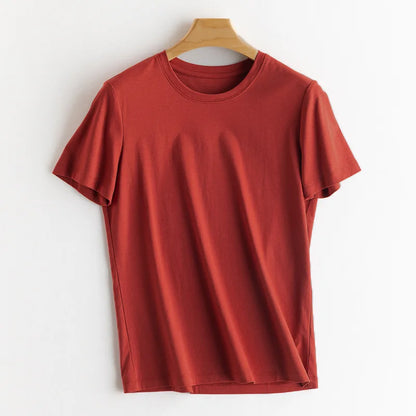 Women Solid T shirts, Silk Cotton Blend, O Neck, Short Sleeved Solid Tee,2025 Summer Candy Colors Basic Cozy Top Green