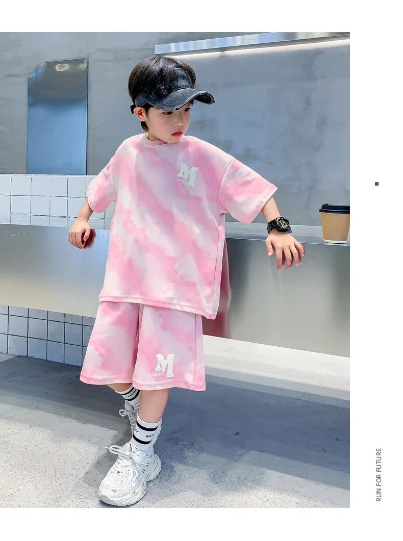 Summer Fashion Boys Cotton Alphabet Tie Dye T-Shirt Tops+Shorts Pant School Kids Tracksuit Child 2PCS Outfit Workout Set 5-16 Yr